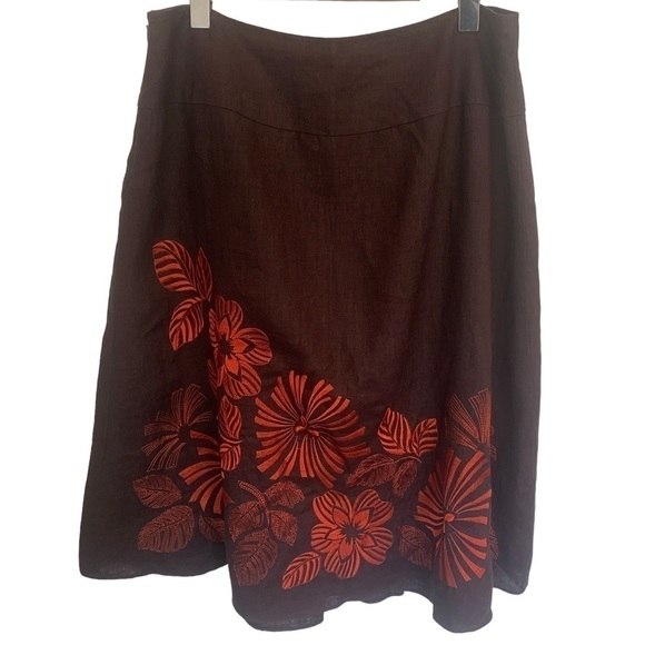 Precis Petite Linen Brown Orange Floral Embroidered Pleated A-Line Skirt Size 14 - Picture 2 of 11